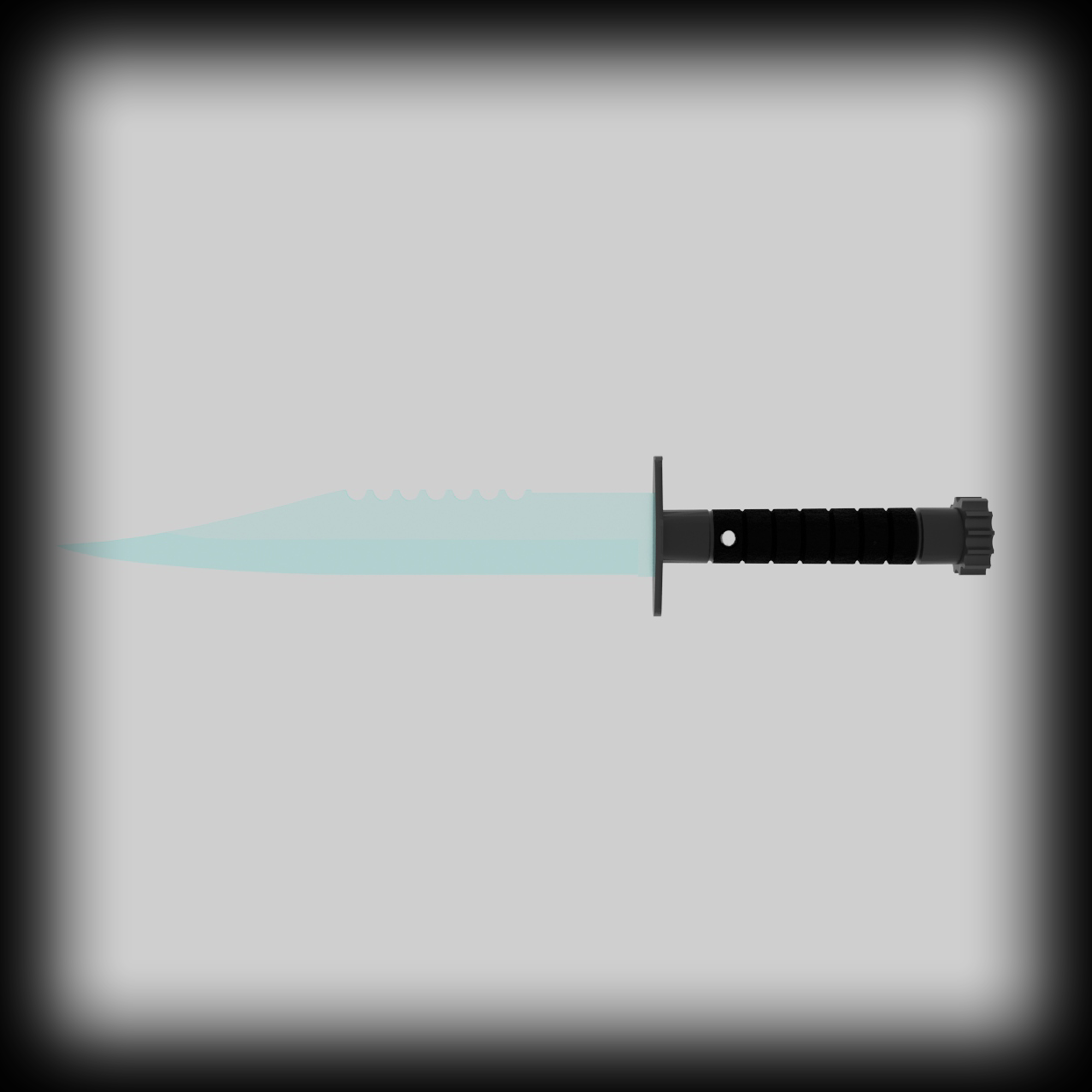 A long combat knife with a blue blade